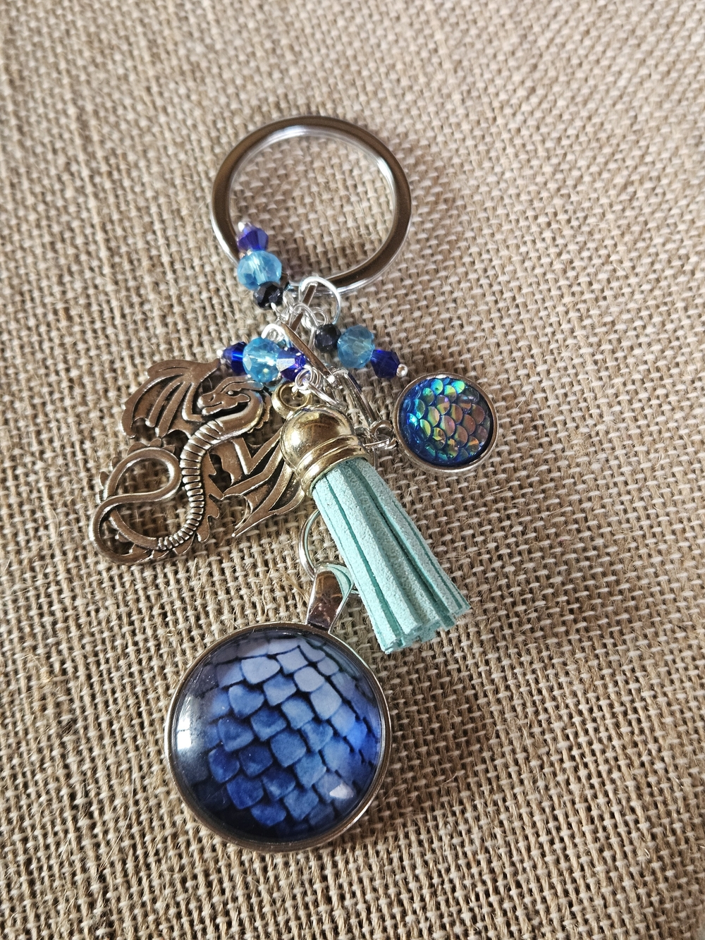 Blue Dragon Scale Keychain with Aqua Tassel